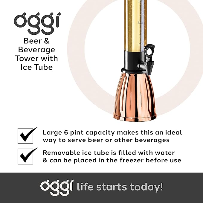 OGGI Beer Tower 3L/100oz - Beverage Dispenser with Spigot & Ice Tube, Margarita Tower, Mimosa Tower, Perfect Drink Dispensers for Parties, Drink Tower, Holds 6 Pints of Beer - Copper - Image 7