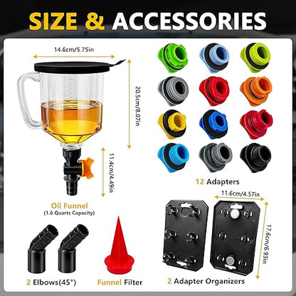 18 Pack No Spill Engine Oil Funnel Kit，1.59QT/1.5L Automotive Oil Funnel Set， 2 Magnetic Adapter Organizer Boards 12 Adapters Compatible with GM, Ford, BMW, Audi, Land Rover Etc