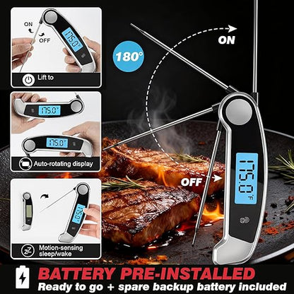 Meat Thermometer Digital Waterproof Instant Read Thermometer for Cooking ℃/℉ Convertible, Food Thermometer with Backlight, Cooking Thermometer for Kitchen Auto-Rotating Display Grey