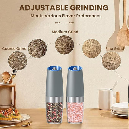 Gravity Electric Salt And Pepper Grinder Set, Automatic Salt And Pepper Grinder Set, Battery Powered (6 AAA Batteries Each), Adjustable Roughness, LED Light, 2 Pack, (Light Grey) - Image 3
