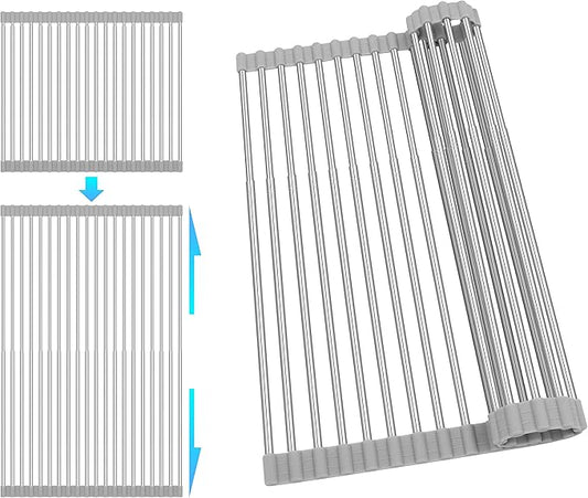 Roll Up Dish Drying Rack, Adjustable Over Sink Dish Drying Rack for Kitchen, 10"-20" Foldable Sink Rack to Dry Dishes & Drain Items, Stainless Steel Over Sink Cover Drying Mat
