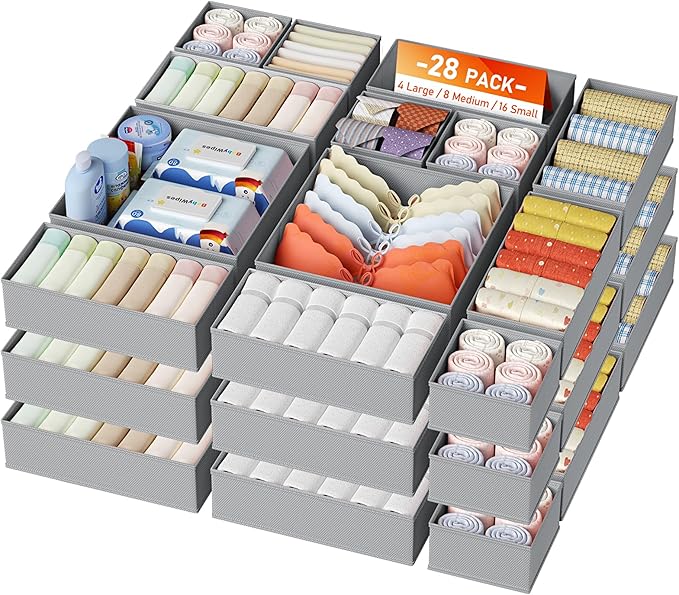 DIMJ Drawer Organizer Clothes, 28 Pack Dresser Organizer, Foldable Closet Organizers and Storage, Fabric Dresser Bins, Drawer Dividers for Nursery, Baby Clothes, Underwears, Sock,White by DiMJ