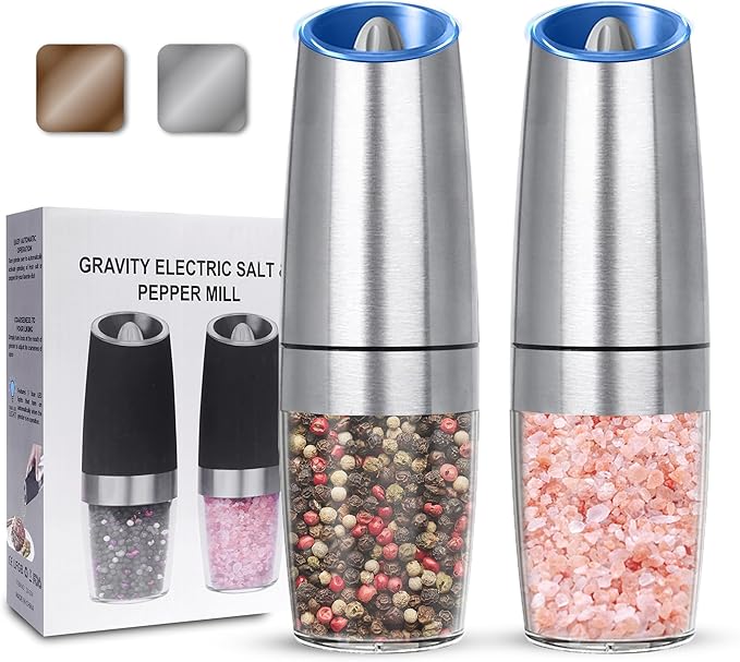 UNNEES Gravity Electric Salt and Pepper Grinder set of 2, Automatic Salt And Pepper Grinder Set, Adjustable Roughness, Battery Powered, LED Light, 2 Pack, (Silver) by UNNEES