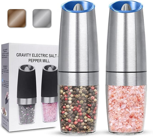 UNNEES Gravity Electric Salt and Pepper Grinder set of 2, Automatic Salt And Pepper Grinder Set, Adjustable Roughness, Battery Powered, LED Light, 2 Pack, (Silver) by UNNEES