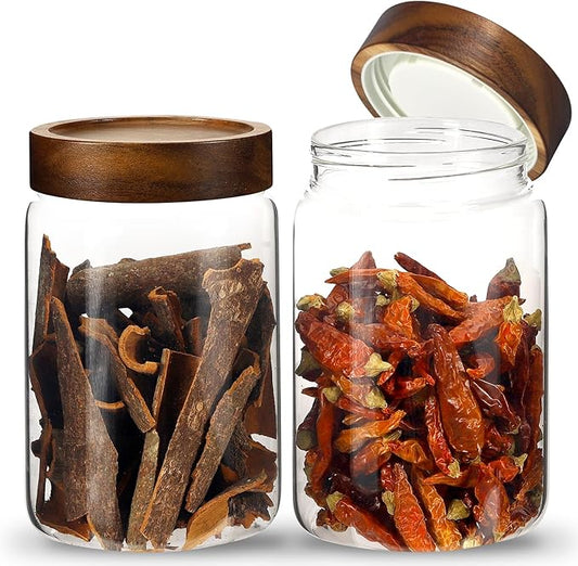 Airtight Glass Jars with Wooden Lid Glass Spice Jar Round Glass Storage Canister for Pantry Sugar Tea Coffee Bean Nuts Cookies Bath Salts (900ML*2PACK) by Patoper