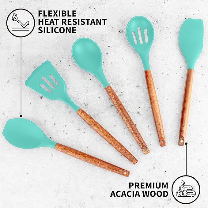 Zulay Kitchen Non-Stick Cooking Utensils Set with Authentic Acacia Wood Handles – 5-Piece Durable & Stylish Silicone Kitchen Utensils Set – Heat Resistant to 464°F – Mint - Image 2