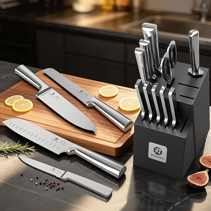 imarku 15-Piece Knife Block Set Built-in Sharpener, Japanese High Carbon Stainless Steel Kitchen Knife Set, Dishwasher Safe, Chef Knife Set with Wooden Knife Block, Steak Knives for Kitchen Cooking - Image 9