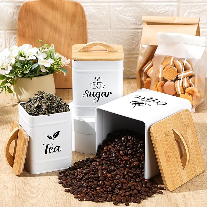 Maxdot 3 Set Coffee Sugar Tea Containers, Square Airtight Kitchen Canisters Storage Ground Organization with Bamboo Lids Rustic Metal Jars for Coffee Bar Beans, Tea Leaves, Food, Countertop(Cream) - Image 4