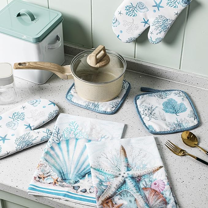 Jingmore 6 Pcs Kitchen Decor Set Accessorie Farmhouse Kitchen Towels Pot Holders and Oven Mitts Set 2 Dish Towels 2 Pot Holders 2 Cooking Mitten Oven Glove for Cooking(Blue,Coastal Starfish Shells) - Image 7