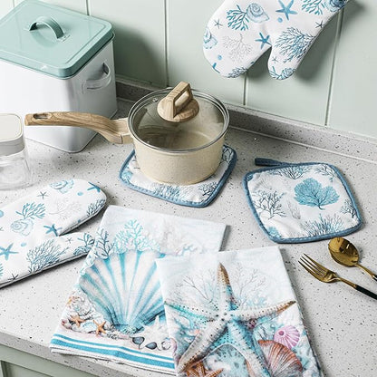 Jingmore 6 Pcs Kitchen Decor Set Accessorie Farmhouse Kitchen Towels Pot Holders and Oven Mitts Set 2 Dish Towels 2 Pot Holders 2 Cooking Mitten Oven Glove for Cooking(Blue,Coastal Starfish Shells) - Image 7