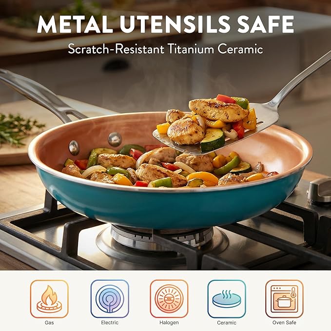 GOTHAM STEEL 20 Piece Copper Pots and Pans Set Nonstick Cookware & Ceramic Bakeware Set, PFOA PFOS Free, Dishwasher/Oven Safe, Metal Utensil Safe – Turquoise - Image 4