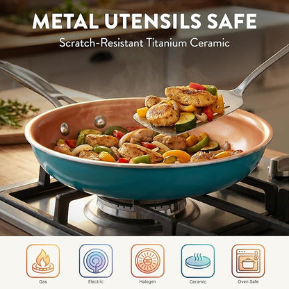 GOTHAM STEEL 20 Piece Copper Pots and Pans Set Nonstick Cookware & Ceramic Bakeware Set, PFOA PFOS Free, Dishwasher/Oven Safe, Metal Utensil Safe – Turquoise - Image 4