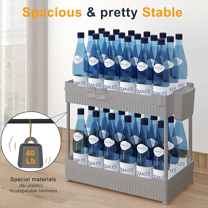 Sevenblue 2 Pack Under Sink Organizer, Under Bathroom Cabinet Organizer with Hooks Hanging Cup, Multi-Purpose Storage Shelf for Kitchen Bathroom (Gray, 14.8 Inch) - Image 4