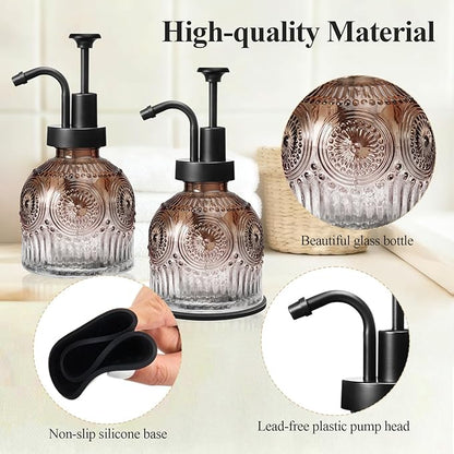 SheeChung Vintage Soap Dispenser, Kitchen Dish Soap Dispensers with Pump Mat, Glass Hand Soap Dispenser for Bathroom, Liquid, Lotion, Refillable, Rustic Farmhouse Decor-Brown (Black Pump, 2 pk)