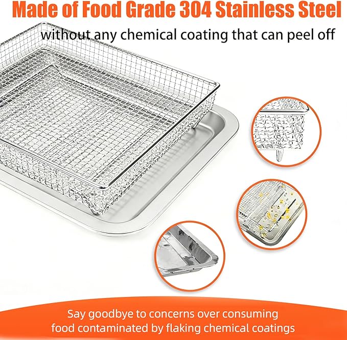 2Pcs Stainless Steel Oven Air Fryer Basket and Tray Replacement for Cuisinar TOA-060 and TOA-065 Toaster Oven Deep Fryer Parts & Accessorie, 12.4"x11" Baking Sheet Tray Pan for Cooking Bread Broiling