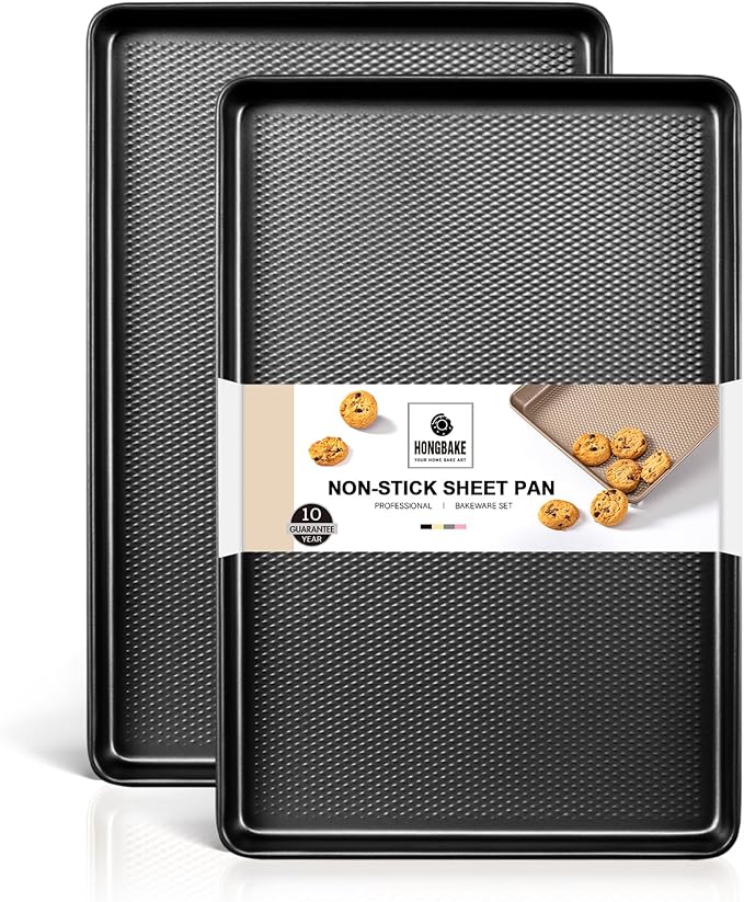 HONGBAKE 2 Pack Half Sheet Pan Set, 1/2 Cookie Sheets for Baking with Diamond Texture, 17.5" x 12" Large Baking Sheets Non Stick, Non Toxic Oven Trays for Cooking, 57% Thicker Carbon Steel, Dark Gray by HONGBAKE