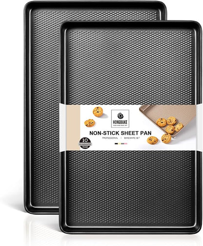 HONGBAKE 2 Pack Half Sheet Pan Set, 1/2 Cookie Sheets for Baking with Diamond Texture, 17.5" x 12" Large Baking Sheets Non Stick, Non Toxic Oven Trays for Cooking, 57% Thicker Carbon Steel, Dark Gray by HONGBAKE