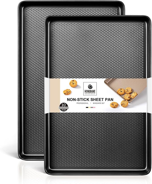 HONGBAKE 2 Pack Half Sheet Pan Set, 1/2 Cookie Sheets for Baking with Diamond Texture, 17.5" x 12" Large Baking Sheets Non Stick, Non Toxic Oven Trays for Cooking, 57% Thicker Carbon Steel, Dark Gray by HONGBAKE