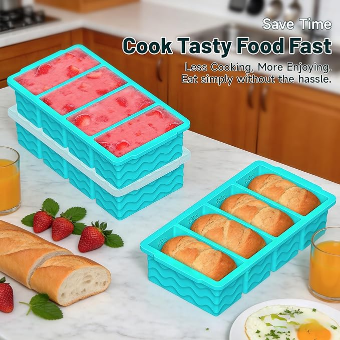 3-Pack Silicone Freezer Trays with Lid, Soup Freezer Container Molds, Silicone Freezer Molds, Ice Cube Tray for freezing Soup Sauce Broth Leftovers, Dishwasher & Oven Safe, BPA Free (1-cup,blue)