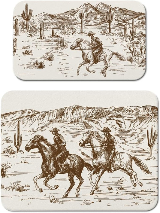 Dish Drying Mat for Kitchen Counter 2 Pack with Non-Slip Rubber Backing - Heat-Resistant Absorbent Coffee Bar Mat, Dish Rack Mat, Cowboy Dish Drying Mats 18x24+19.5x12 inch