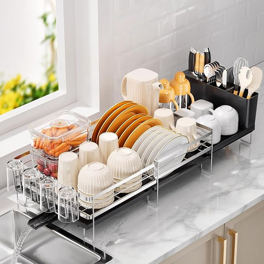Delamu Stainless Steel Dish Drying Rack, Expandable Dish Drainer, Anti-Rust Large Dish Racks for Kitchen Counter, Dish Strainers with Drainboard, Utensil & Cup Holder, 13.4"-28.7" L x 11.8" W, Silver by DELAMU