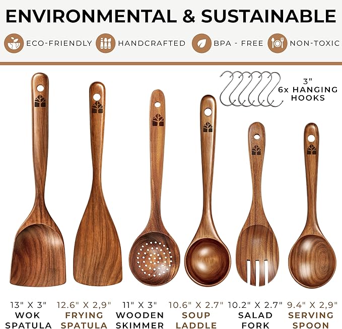 Wooden Spoons for Cooking – 6 Pcs Premium Teak Wooden Utensil Set with Hooks - Durable, Nonstick Safe, Easy to Clean & Heat Resistant with Ergonomic Handles - Image 4