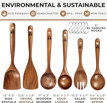 Wooden Spoons for Cooking – 6 Pcs Premium Teak Wooden Utensil Set with Hooks - Durable, Nonstick Safe, Easy to Clean & Heat Resistant with Ergonomic Handles - Image 4