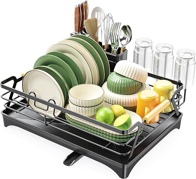 Epicano Dish Drying Rack for Kitchen Counter - Large Capacity Dish Rack with Wooden Handle,Cup Holder & Knife Slots, Rustproof Dish Drainer with Auto-Drainage System, Kitchen Sink Organizer, Black - Image 8