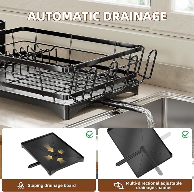 Simple Trending Dish Drying Rack for Kitchen Counter, Rust-Resistant Dish Rack, Large Dish Drainer Organizer with Cutlery Holder & Cup Holders, Black - Image 5