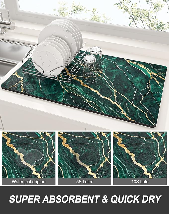 Rnivvi Dish Drying Mat for Kitchen Counter, 12 x 19" Cute Marble Super Absorbent Draining Pad, Non-Slip Heat Resistant Coffee Bar Mats for Coffee Machine Station Accessories, Green Gold Dish Rack Pad - Image 3