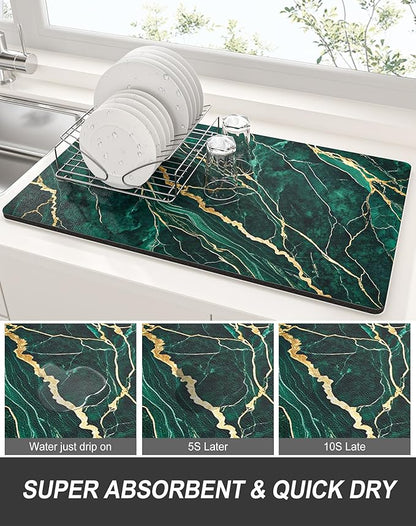 Rnivvi Dish Drying Mat for Kitchen Counter, XL 15 x 24" Cute Marble Absorbent Draining Pad, Non-Slip Heat Resistant Coffee Bar Mats for Coffee Machine Station Accessories, Green Gold Dish Rack Pad - Image 3
