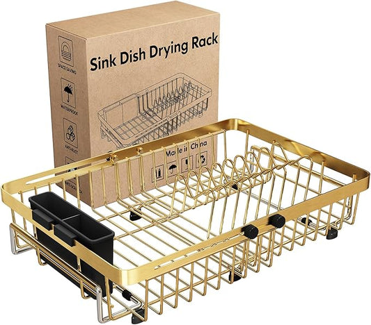 MAJALiS Dish Drying Rack Over The Sink, Expandable Stainless Steel Dish Drainer for Small Kitchen Counter Space Saving, RV Compact Plate Strainer in Gold Metal with Hanging Adjustable Utensil Holder by MAJALiS