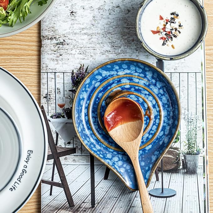 LAUCHUH Spoon Rest for Stove Top, 5” Ceramic Spoon Holder Cooking Utensil Holder for Mother's Day, Kitchen Countertops, Ladle, Cooking Spoons, Spatula, Tongs, Heat-Resistant, Starry Blue