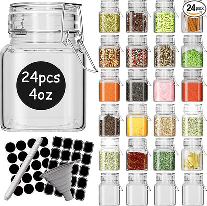 DHSBTLS 4 oz Mini Square Spice Jars, 24 Pack Glass Mason Jars with Airtight Hinged Lid, Leak Proof Storage Container for Spices, Honey, Food Bottles with Silicone Funnel and 40 Labels &Chalkboard Pen