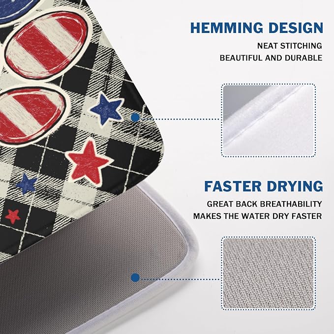 4th of July Dish Drying Mat 24x18 Inch, Patriotic Drying Mat with Absorbent Reversible Microfiber, Independence Day Dish Drainer Mats Memorial Day Rack Pad for Coffee Countertop Kitchen Protector