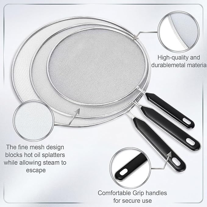Gisafai 5 Pcs Splatter Screen for Frying Pan 13'' 11.5'' 10'' 8.3'' 7.5'' Metal Grease Splatter Guard Stove Fine Mesh Cover Grease Oil Guard with Comfort Grip Handle for Most Pan Pot Safe Cooking - Image 3