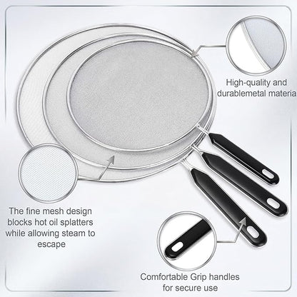 Gisafai 5 Pcs Splatter Screen for Frying Pan 13'' 11.5'' 10'' 8.3'' 7.5'' Metal Grease Splatter Guard Stove Fine Mesh Cover Grease Oil Guard with Comfort Grip Handle for Most Pan Pot Safe Cooking - Image 3