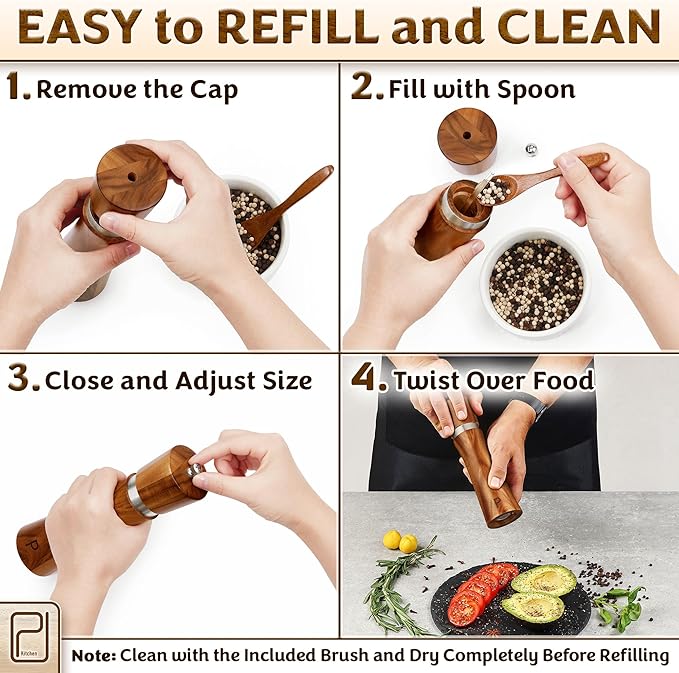 Salt and Pepper Acacia Wood Grinder Set with Wooden Holder Tray - 60 g / 2 oz each - Tall Modern Mill Shakers - Manual Refillable Mills for Peppercorn, Fancy Himalayan Salt + Spices - by PJC-Kitchen - Image 8