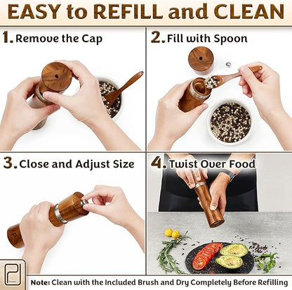 Salt and Pepper Acacia Wood Grinder Set with Wooden Holder Tray - 60 g / 2 oz each - Tall Modern Mill Shakers - Manual Refillable Mills for Peppercorn, Fancy Himalayan Salt + Spices - by PJC-Kitchen - Image 8