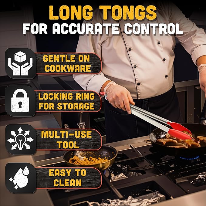 Salad Tongs - 17.3" Extra Long Tongs with Silicone Tip & Stainless Steel Frame for Salad Mixing & Serving, Safe Turning of Steaks, Burgers & Veggies - Easy-Lock Handle, Non-Slip Grip & Storage Loop - Image 4