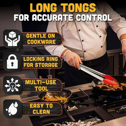 Salad Tongs - 17.3" Extra Long Tongs with Silicone Tip & Stainless Steel Frame for Salad Mixing & Serving, Safe Turning of Steaks, Burgers & Veggies - Easy-Lock Handle, Non-Slip Grip & Storage Loop - Image 4