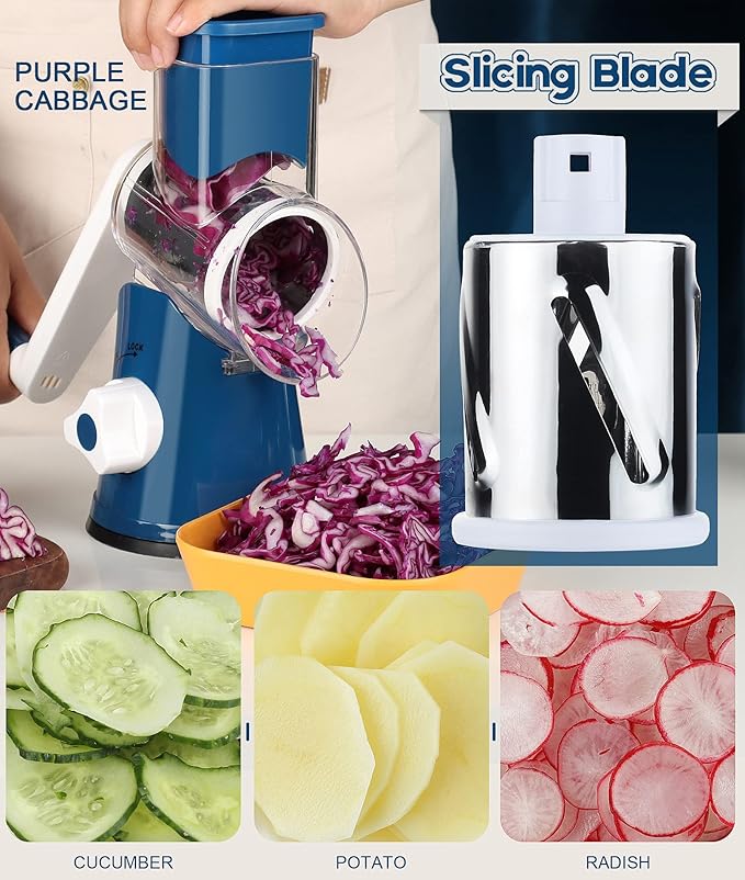 Ourokhome Rotary Cheese Grater Hand Crank, Kitchen Shredder Speed Mandolin Slicer Nut Grinder with Handle and Drum Blades for Cheese, Vegetable, Walnut, Chocolate, Potato, Carrot, 3 Blades, Dark Blue - Image 3