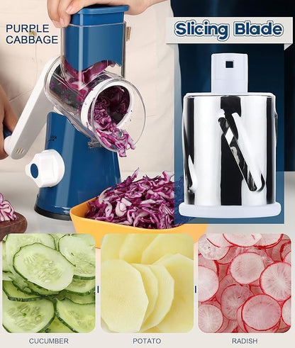 Ourokhome Rotary Cheese Grater Hand Crank, Kitchen Shredder Speed Mandolin Slicer Nut Grinder with Handle and Drum Blades for Cheese, Vegetable, Walnut, Chocolate, Potato, Carrot, 3 Blades, Dark Blue - Image 3