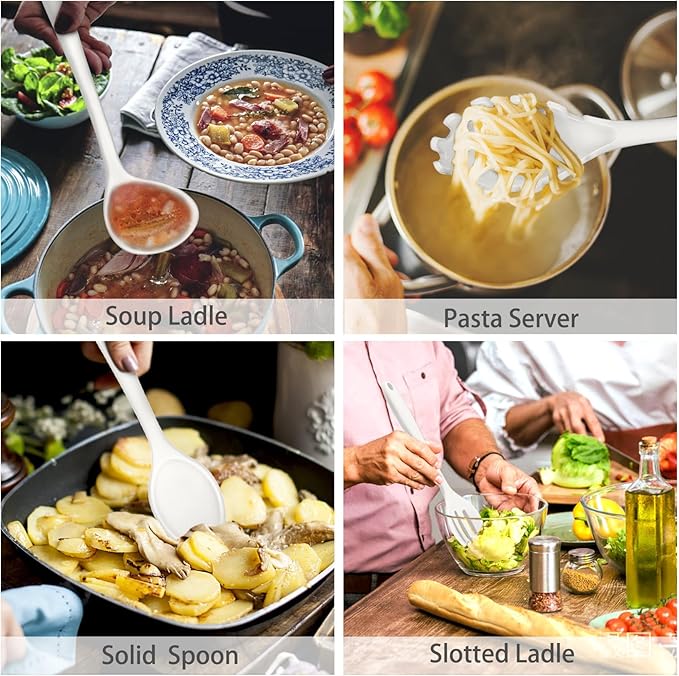 P&P CHEF Silicone Cooking Utensils Set of 7, Heat-proof Kitchen Utensils Set for Nonstick Cookware, Non-stick Spatula, Slotted Turner, Soup Ladle, Pasta Server, Spoon for Cooking Serving - White - Image 4