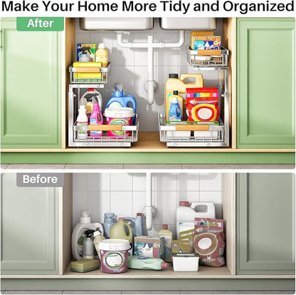 Under Sink Organizer, Stainless Steel 2 Packs 2 Tier Under Sink Organizers and Storage, Slide out Pull out Cabinet Shelf, Sliding Drawer for Kitchen Bathroom Pantry Cabinet Closet Organization Rack - Image 8