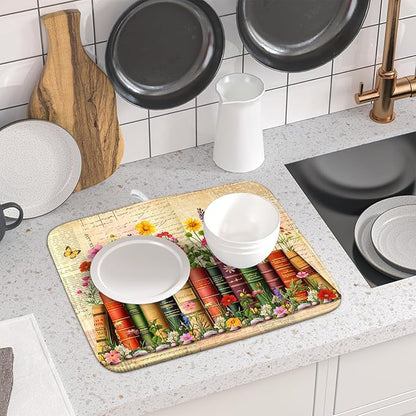 Colorful Books Kitchen Drying Mat - Watercolor Floral Drying Matt Kitchen Counter 16 X 18 In - Image 6