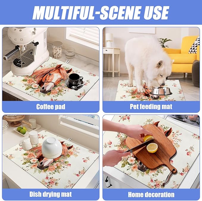 Horse Flower Dish Drying Mat for Kitchen Counter Drying Pad Absorbent Reversible Dish Drainer Rack Mats Draining Pad 18"x24"Inch