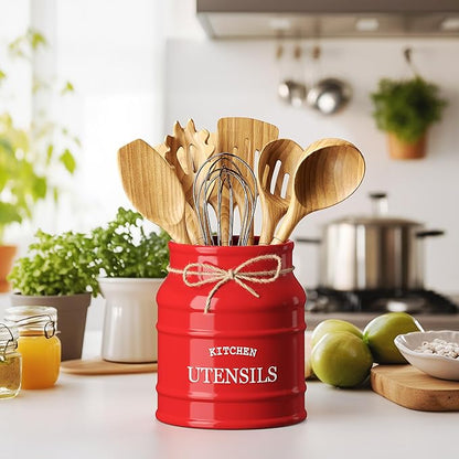 Barnyard Designs Ceramic Farmhouse Utensil Holder for Kitchen Counter, Large Rustic Utensil Crock, Countertop Cooking Tool Spatula Organizer, 6.75” (Red) - Image 2