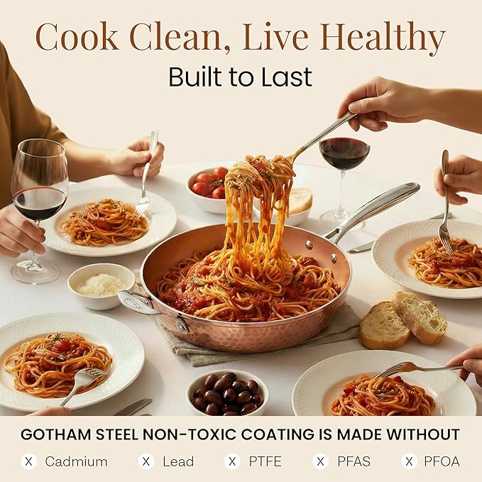 Gotham Steel Hammered Copper 14 Inch Non Stick Frying Pan with Lid, Nonstick Frying Pan with Ceramic Coating and Induction Plate for Even Heating, Oven / Dishwasher Safe, 100% Healthy & Non Toxic - Image 6