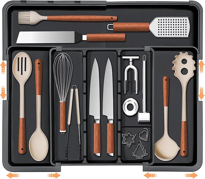 Spaclear Large Utensil Drawer Organizer Expandable Silverware Organizer for Kitchen Drawer Adjustable Cooking Utensil Holder Cutlery Flatware Tray Spatula Tools Gadgets Storage Dividers Plastic Black by Spaclear